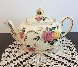 Sadler Teapot Large Pink and Yellow Rose Cubed Teapot RARE