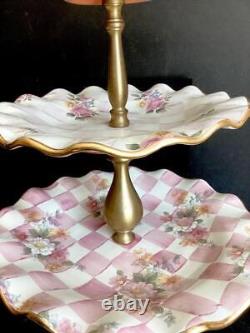 Signed rare Mackenzie CHILDS ROSE PETAL PINK HONEYMOON CHECK 3 TIER SWEETS STAND