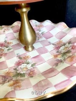 Signed rare Mackenzie CHILDS ROSE PETAL PINK HONEYMOON CHECK 3 TIER SWEETS STAND