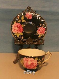 Stunning Rare AYNSLEY Black Cup & Saucer with Pink Cabbage Rose Crocus Shape