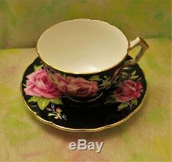 Stunning Rare AYNSLEY Black Cup & Saucer with Pink Cabbage Rose Crocus Shape