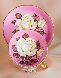 Stunning Rare Pink Paragon With Large White Rose Tea Cup Teacup Set Mint