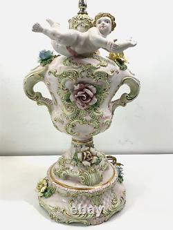 Super Nice Rare Vintage Large Capodimonte Table Lamp Pink Rose And Cherub #2