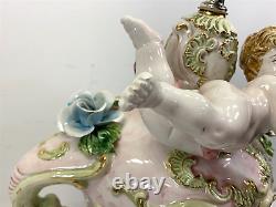 Super Nice Rare Vintage Large Capodimonte Table Lamp Pink Rose And Cherub #2