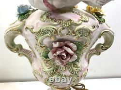 Super Nice Rare Vintage Large Capodimonte Table Lamp Pink Rose And Cherub #2