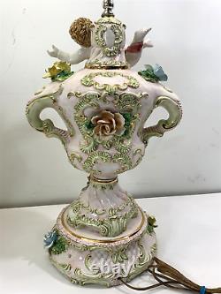 Super Nice Rare Vintage Large Capodimonte Table Lamp Pink Rose And Cherub #2