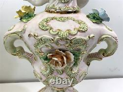 Super Nice Rare Vintage Large Capodimonte Table Lamp Pink Rose And Cherub #2