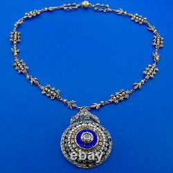 UNIQUE RARE Georgian Rose Cut Diamond Blue Enamel 12k Gold and Silver Necklace