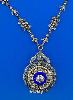 UNIQUE RARE Georgian Rose Cut Diamond Blue Enamel 12k Gold and Silver Necklace
