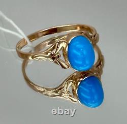 USSR Rare Vintage Original Soviet Natural Blue Turquoise Rose Gold Ring 583 14K
