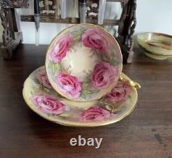 Ultra Rare Aynsley Pink 13 Cabbage Roses Heavy Gold Exterior Teacup and Saucer