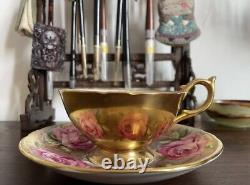 Ultra Rare Aynsley Pink 13 Cabbage Roses Heavy Gold Exterior Teacup and Saucer