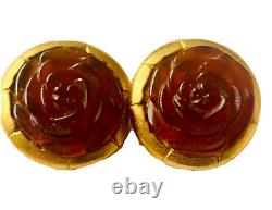 VNT RARE KENZO PARIS Gold Plated Lucite Faux Amber Carved Rose Clip On Earrings
