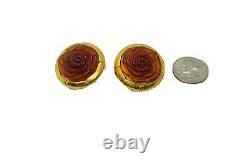VNT RARE KENZO PARIS Gold Plated Lucite Faux Amber Carved Rose Clip On Earrings
