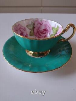 Very Rare Cabbage Rose by Aynsley Tea Cup and Saucer, Green