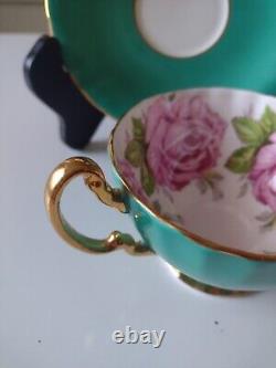 Very Rare Cabbage Rose by Aynsley Tea Cup and Saucer, Green