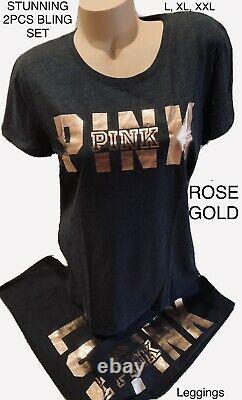 Victorias Secret PINK Bling Tee Shirt Leggings Set NWTRose Gold L XL XXL RARE