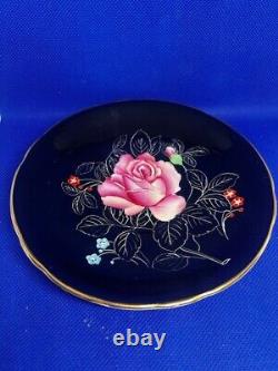 Vintage Aynsley Saucer Bone China Black Pink Cabbage Rose Gold Trim England RARE