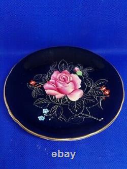 Vintage Aynsley Saucer Bone China Black Pink Cabbage Rose Gold Trim England RARE