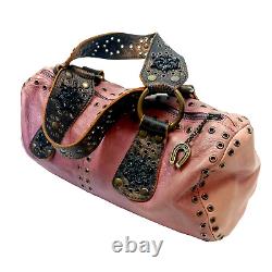 Vintage Betsey Johnson Mauve Pink Leather Purse Metal Studded Beaded Rare