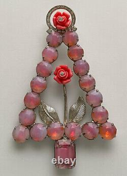 Vintage Christmas Tree Brooch Pin Gale And Friends Roses Pink Givre Glass Rare