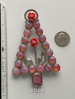 Vintage Christmas Tree Brooch Pin Gale And Friends Roses Pink Givre Glass Rare