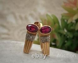 Vintage Earrings Gold 14K 583 Women's Jewelry Ruby Soviet USSR Lady Rare 3.86 gr