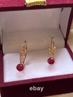 Vintage Earrings Gold 583 14K Ruby Women's Jewelry Russian Soviet USSR Rare Kyiv