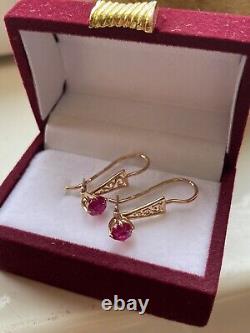 Vintage Earrings Gold 583 14K Ruby Women's Jewelry Russian Soviet USSR Rare Kyiv