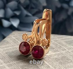 Vintage Earrings Gold 583 14K Ruby Women's Jewelry Soviet USSR Lviv Rare Old 20c