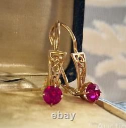 Vintage Earrings Gold 583 14K Ruby Womens Jewelry Kyiv Russian Soviet USSR Rare