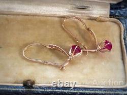 Vintage Earrings Gold 583 14K Ruby Womens Jewelry Kyiv Russian Soviet USSR Rare