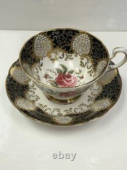 Vintage Paragon Black Gold Floating Pink Cabbage Rose Teacup Rare