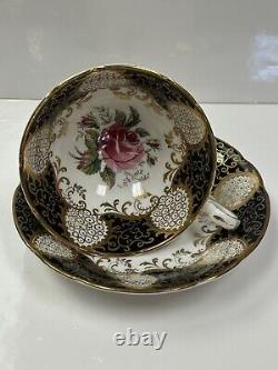 Vintage Paragon Black Gold Floating Pink Cabbage Rose Teacup Rare