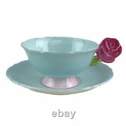 Vintage Paragon England Figural Rose Handle Teacup & Saucer Set Aqua Pink Rare