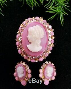 Vintage RARE JULIANA Rose Pink Cameo Brooch & Earrings Set Book Piece