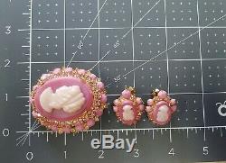 Vintage RARE JULIANA Rose Pink Cameo Brooch & Earrings Set Book Piece
