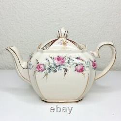 Vintage RARE Sadler Cube Teapot England Ivory Beige Gold Floral Trim Pink Roses