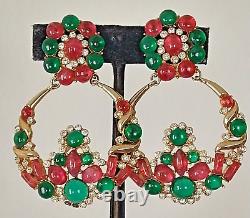 Vintage Rare Marvella Gripoix Glass Green And Rose Rhinestone Dangle EARRINGS