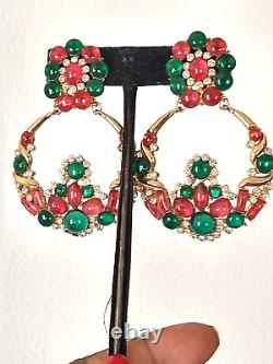 Vintage Rare Marvella Gripoix Glass Green And Rose Rhinestone Dangle EARRINGS