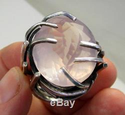 Vintage Rare Massive Artistic Sterling Silver Pink Rose Quartz 29.9 Gram Ring