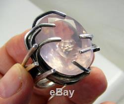 Vintage Rare Massive Artistic Sterling Silver Pink Rose Quartz 29.9 Gram Ring