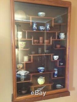 Vintage Rose Wood Chinese Pagoda Wall Curio Cabinet & VTG Mini Teacups 29pc-RARE
