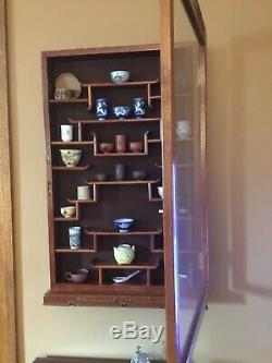 Vintage Rose Wood Chinese Pagoda Wall Curio Cabinet & VTG Mini Teacups 29pc-RARE