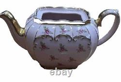 Vintage Sadler England Cube Teapot Petite Pink Roses Chintz Gold Trim #1936 Rare