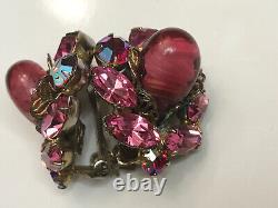 Vintage Verified Rare Regency Rose Stone with Pink/Red Stones Clip On Earrings