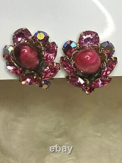 Vintage Verified Rare Regency Rose Stone with Pink/Red Stones Clip On Earrings
