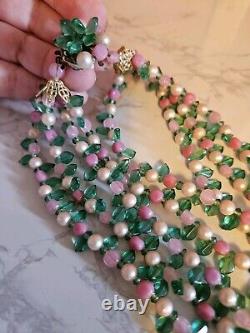 Vtg 40s Rare French Givre Pink Green Glass W Pearls Necklace