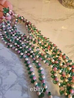 Vtg 40s Rare French Givre Pink Green Glass W Pearls Necklace