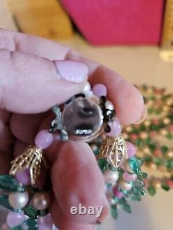 Vtg 40s Rare French Givre Pink Green Glass W Pearls Necklace